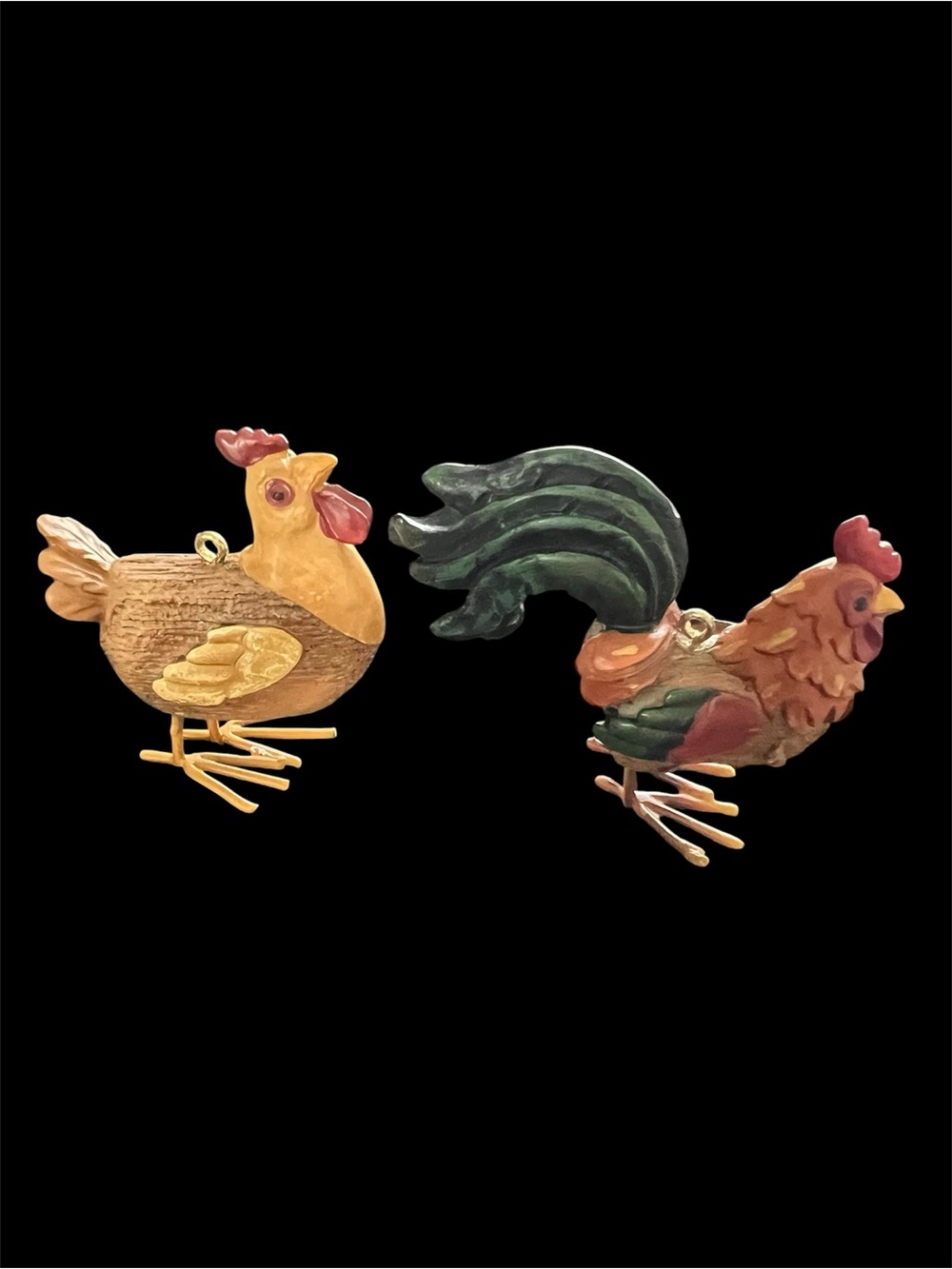 Rooster and Hen Miniature Resin Ornaments with Metal Feet